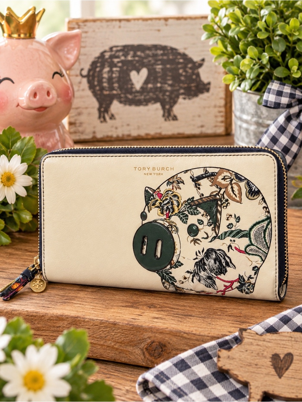 Tory Burch Peggy The Pig Continental Wallet Navy Blue Happy Times Zip Around